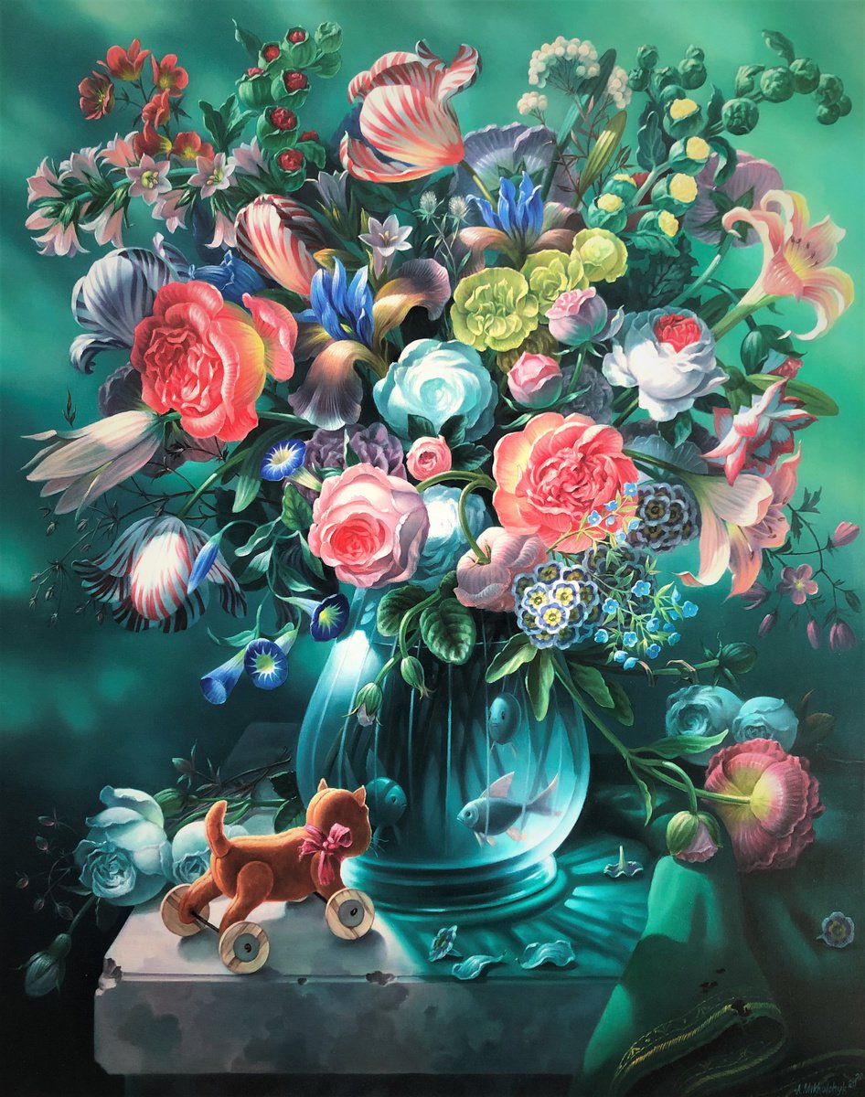 Surrealistic Still Life Oil Painting By Alexander Mikhalchyk, 31 X 39, A Meeting 2, Original Artwork