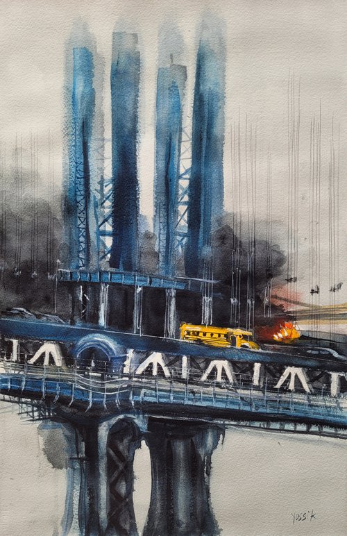 fire on manhattan bridge by Yossi Kotler