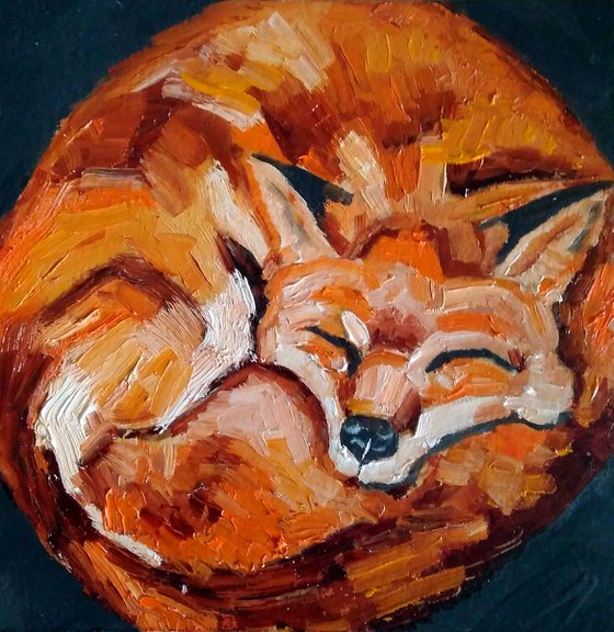 Sleeping Fox 2, Fox painting Original Art Animal Artwork Small Oil Wall Art