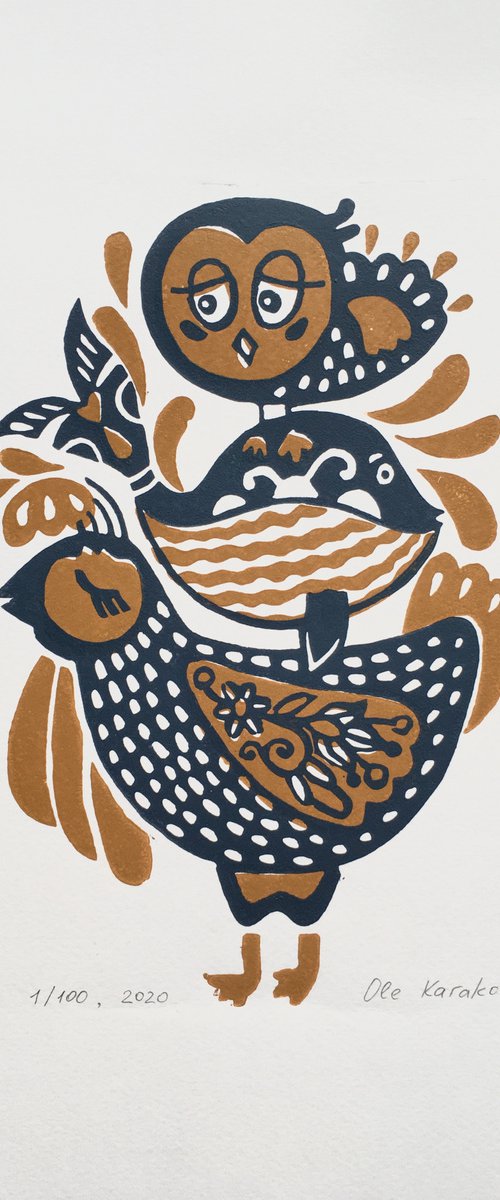 Owl, Whale and Rooster by Ole Karako