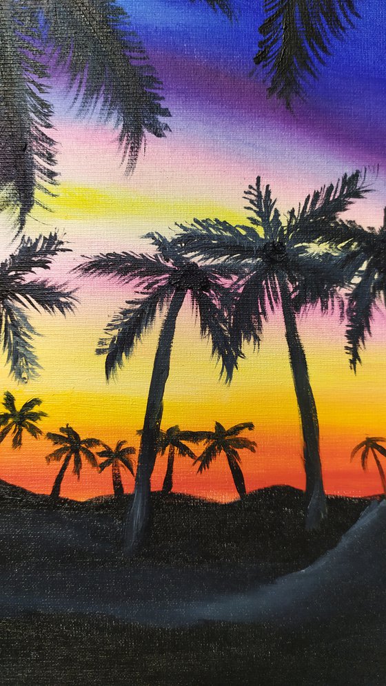 Palms, original impressionistic seascape landscape oil painting, Gift art, framed