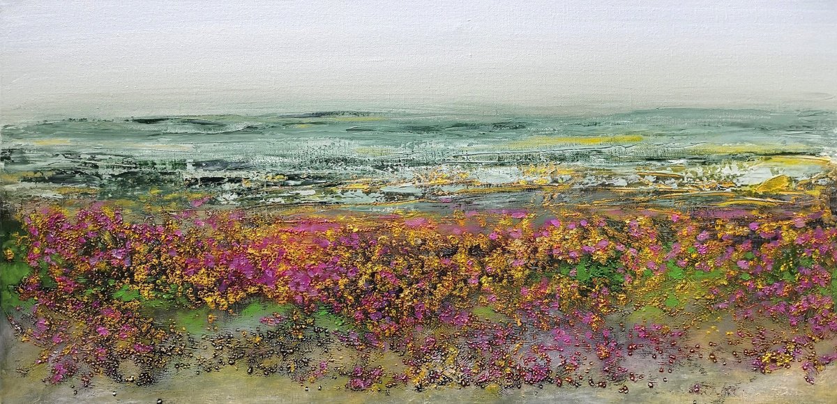 Impressionistic Landscape Oil Painting By Elena Mosurak, 31 X 16, Summer Mood, Original Artwork