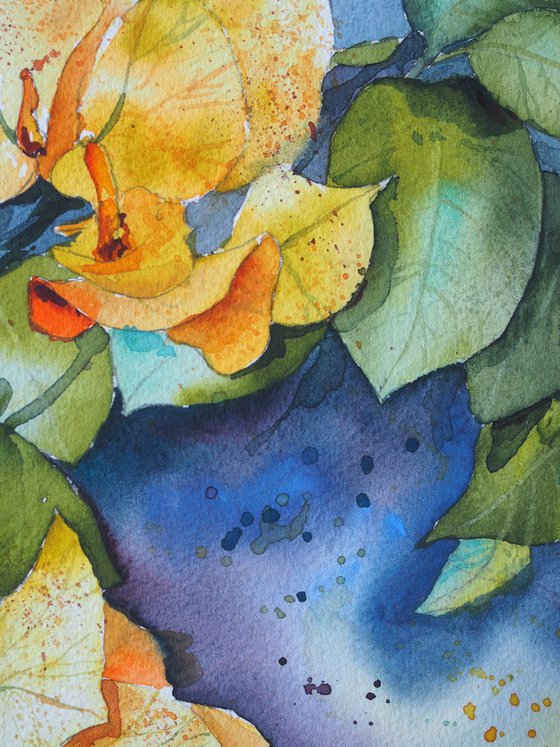 Branch of yellow bougainvillea - original watercolor expressive flowers