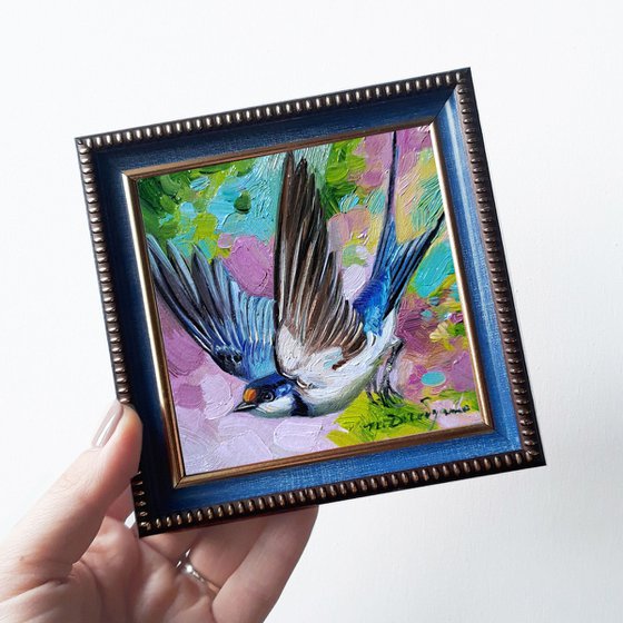 Small bird oil painting original in frame 4x4, Swallow bird picture framed