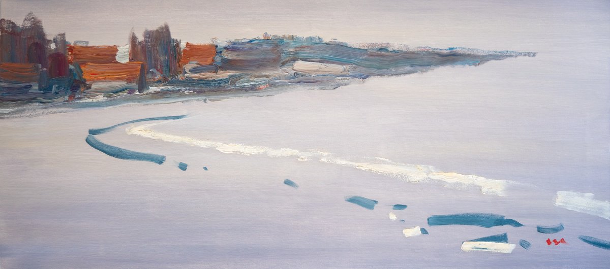 Impressionistic Landscape Oil Painting By Vasyl Moldavchuk, 35 X 16", Winter Mood, Original Artwork