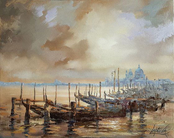 Oil Painting " Warm evening in Venice " gondolas, lagoon, sea, Original Artwork on canvas