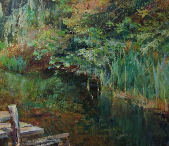 A place of relaxation. Near the bridge. Original oil painting