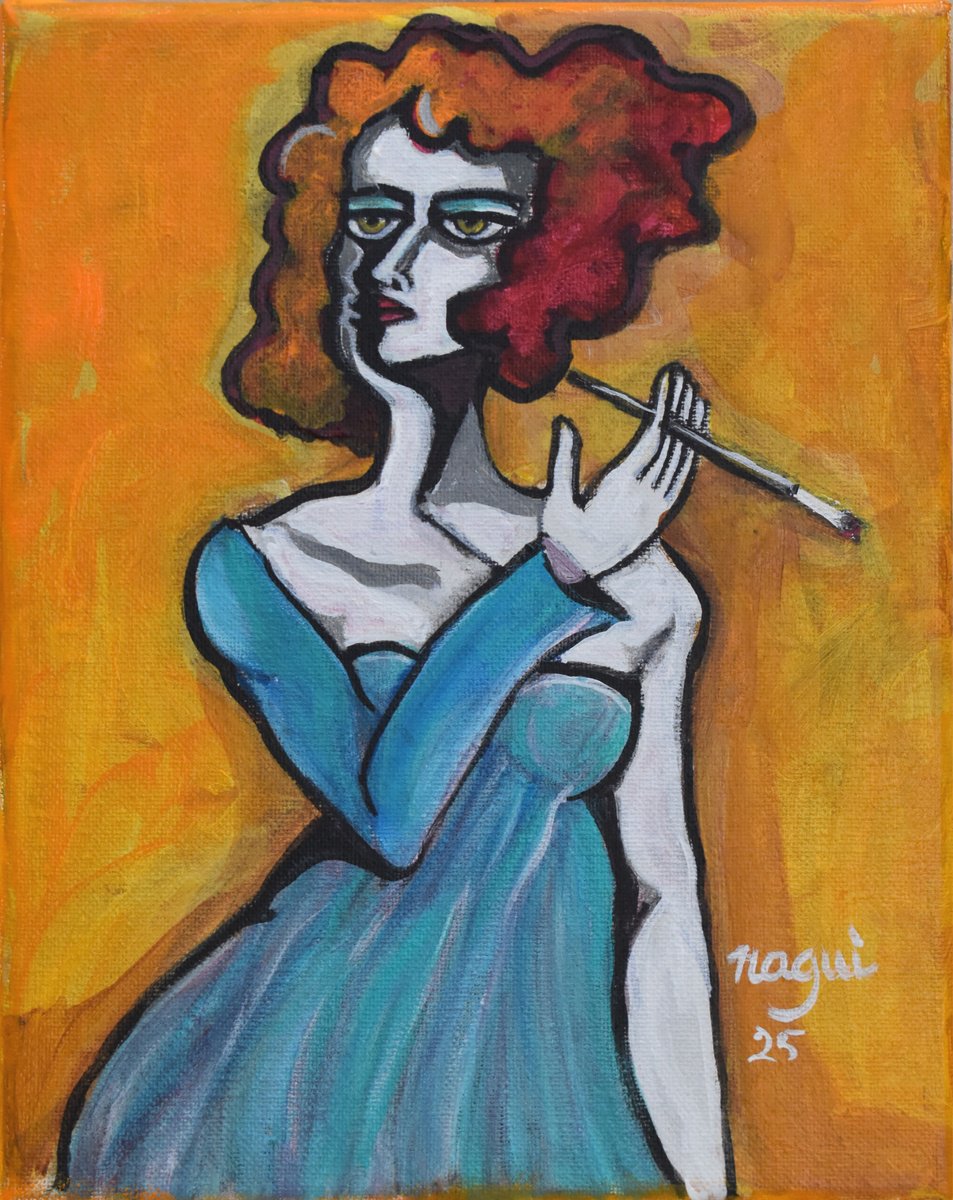 Expressive Portrait Acrylic Painting By Nagui, 8 X 10", Cigarette Holder, Original Artwork