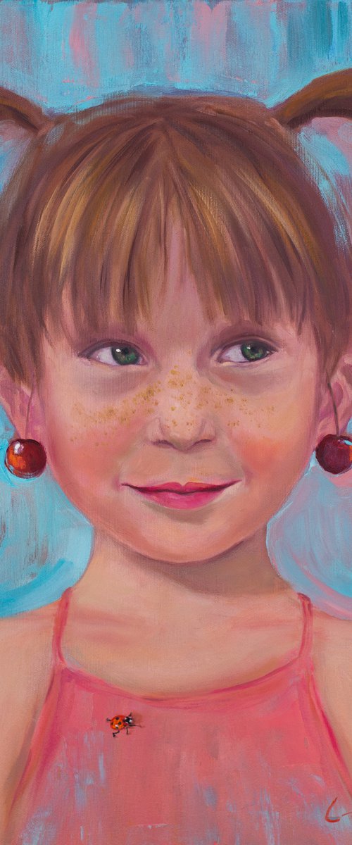 Girl with ponytails, ladybug and cherry earrings portrait by Jane Lantsman
