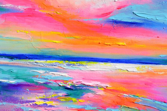 New Horizon 170 - 140x80 cm, Colourful Seascape, Sunset Painting, Impressionistic Colorful Painting, Large Modern Ready to Hang Abstract Landscape, Pink Sunset, Sunrise, Ocean Shore