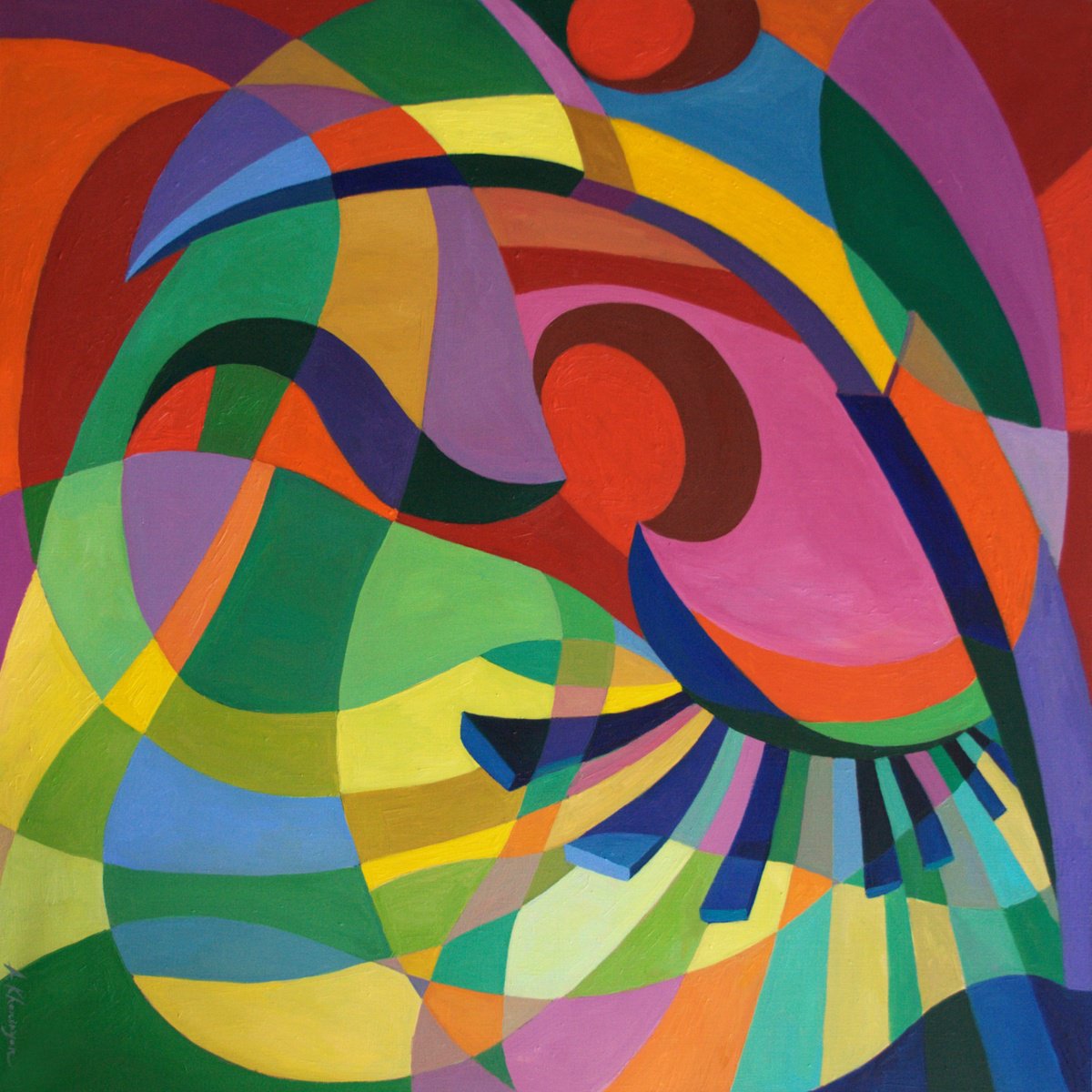 Geometric Abstract Oil Painting By Anna Khaninyan, 39 X 39, Jazz, Original Artwork
