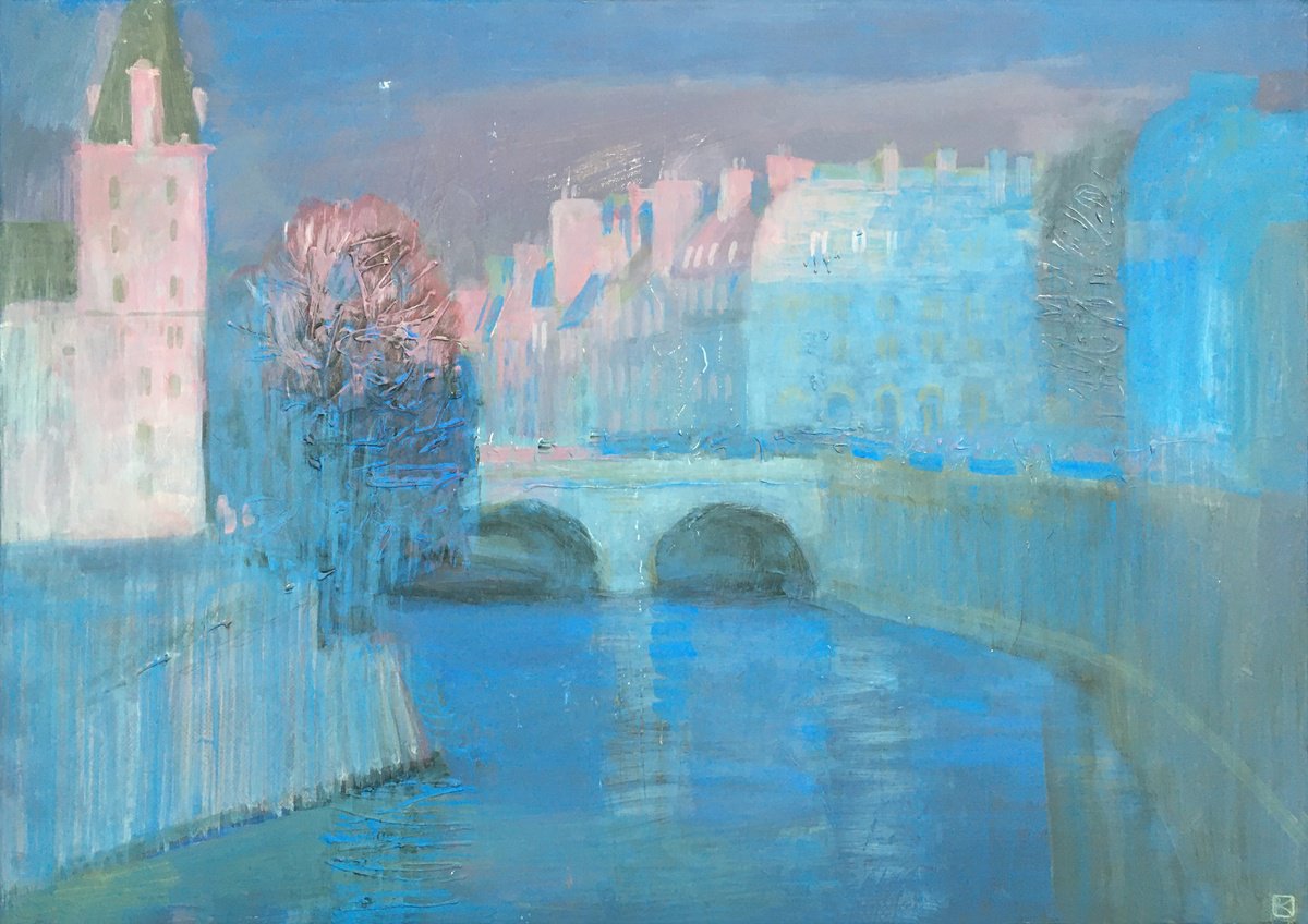 Impressionistic Cityscapes Acrylic Painting By Olga Kataeva-Rochford, 28 X 20", Saint-Michel Bridge At Sunset, Original Artwork
