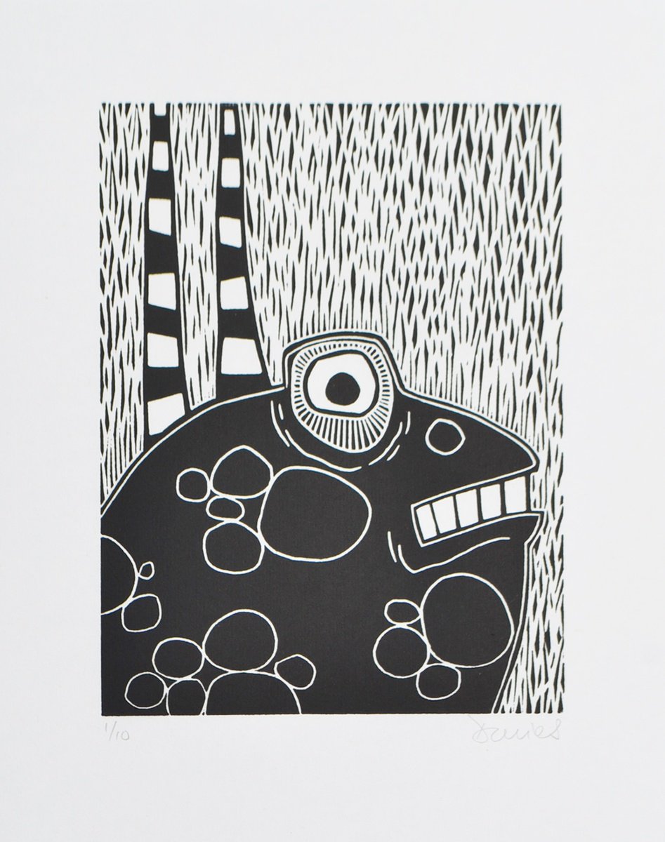 Graphic Animal Linocut By Julian Davies, 9 X 11", Anxious Amphibian, Original Artwork