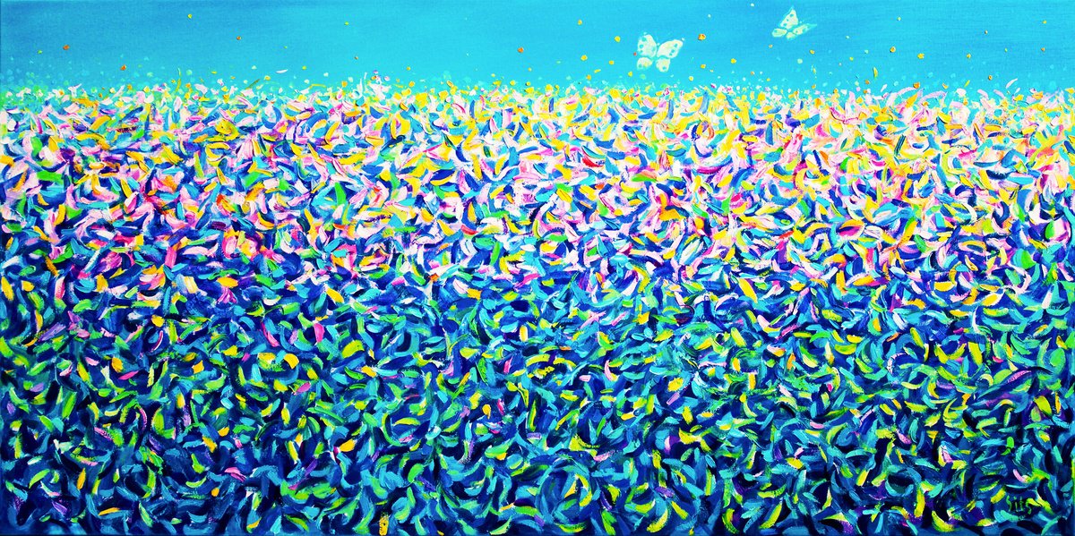Abstract Oil Painting By Andrei Sitsko, 51 X 26, Butterflies In The Garden., Original Artwork