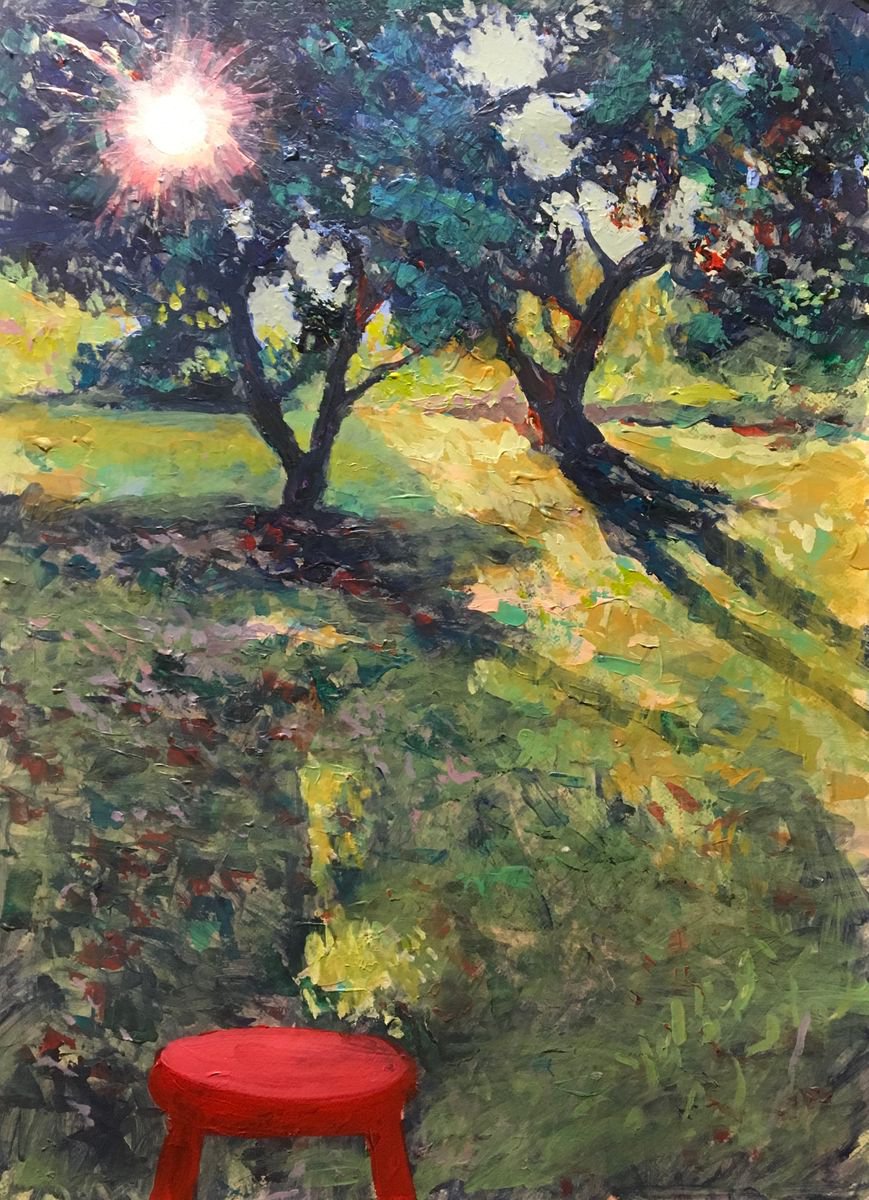Impressionistic Landscape Acrylic Painting By John Cottee, 22 X 30, The Red Stool, Original Artwork