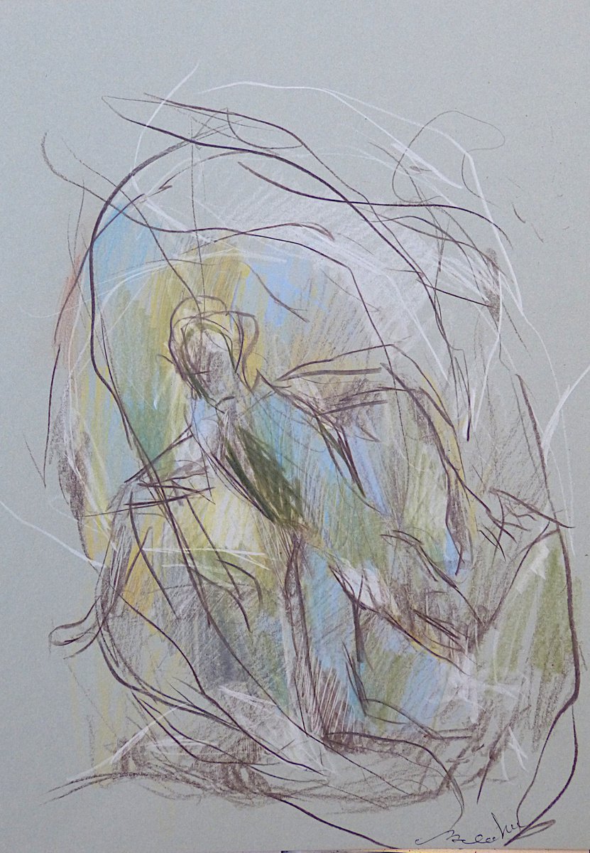 Expressive Portrait Pencil Drawing By Frederic Belaubre, 8 X 11, In The State Of Uncertainty 7, Original Artwork