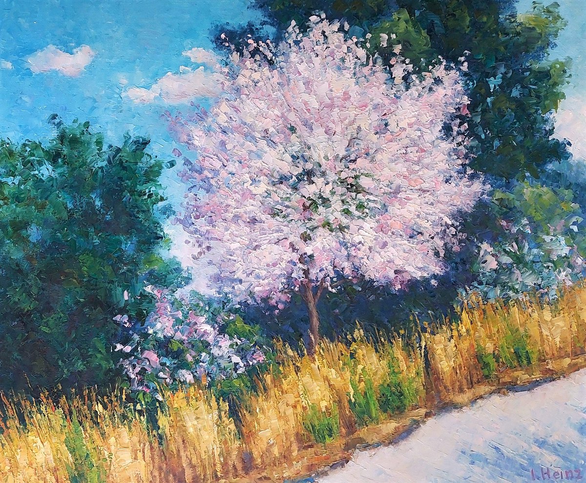 Impressionistic Landscape Oil Painting By Irena Heinz, 18 X 15, White Flowering Tree By The Road, Original Artwork