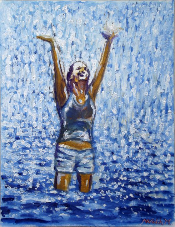 RAINY LAKE GIRL - Moment of Happiness - Thick oil painting - 30x39cm