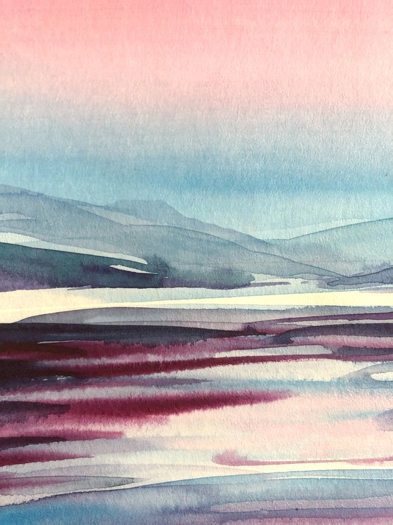 PURPLE SUNSET ON WATER, Original Impressionist Vertical Landscape Watercolor Painting