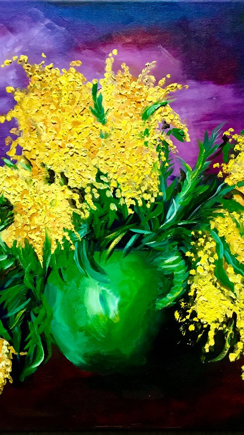 Mimosas in vase . Bouquet of flowers. Inspired by Moise Kisling. by Olga Koval