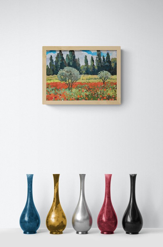 Olive Trees and Poppy Bloom. Landscape
