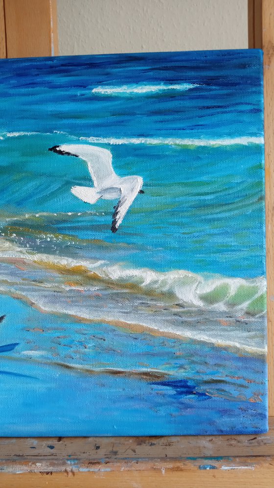 Seagulls at Beach. The Skyand the Sea. Seacost