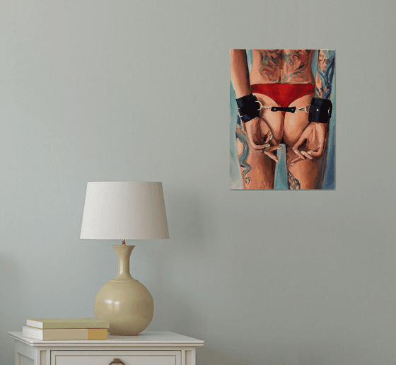 FREEDOM - original oil painting, pop art, nude, handcuffs, wallart, decor, home decor, gift idea