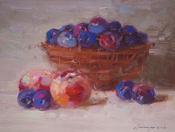 Still life with Plums, Original oil painting  Hand painted artwork One of a kind Signed with Certificate of Authenticity
