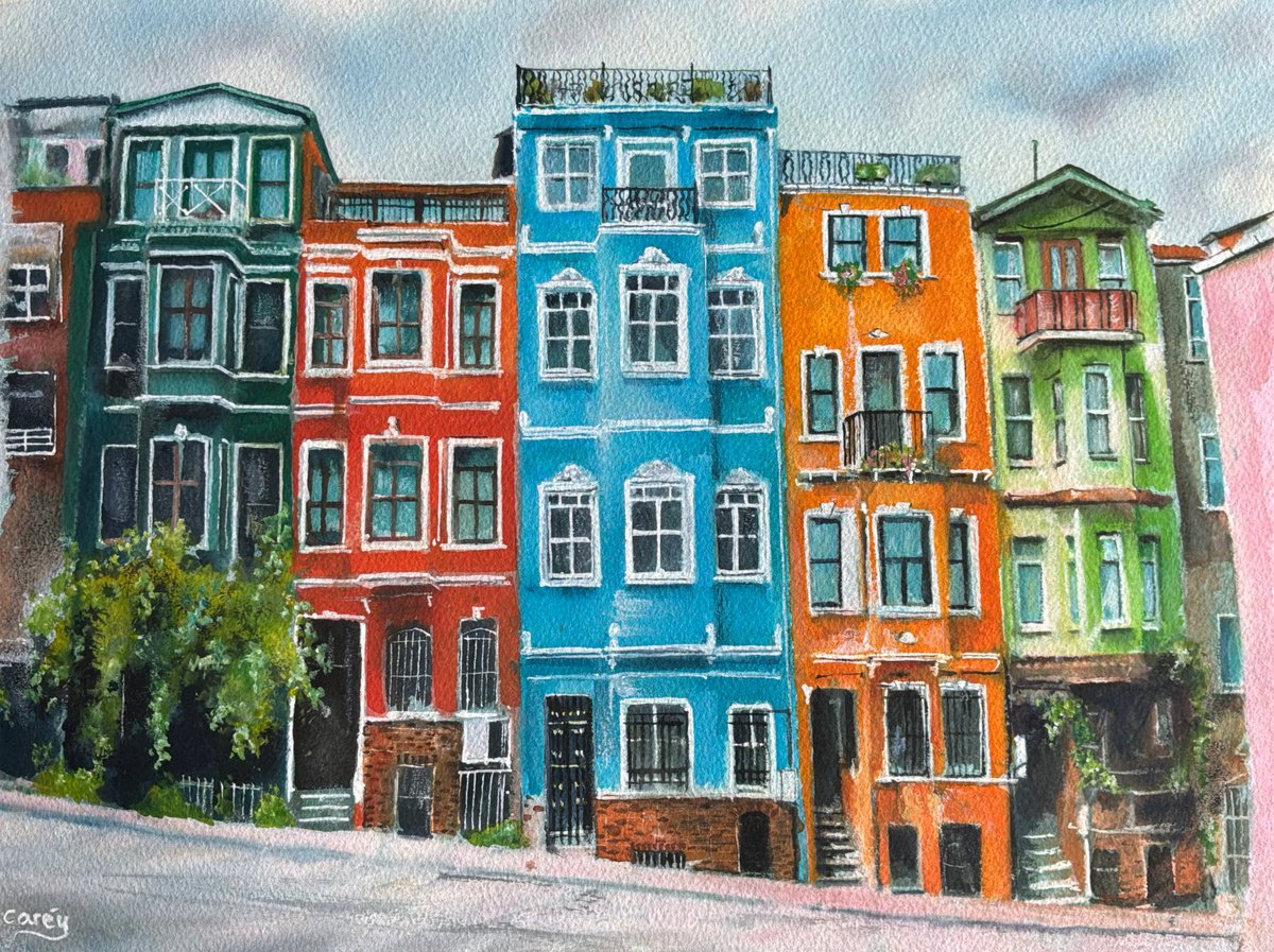 Photorealistic Watercolour , Tapestry Of Colour, Balat Turkey By Darren Carey, 15 X 11, Artwork For Sale On Artfinder