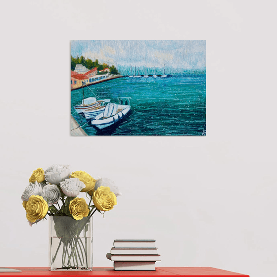 Sea Original Painting, Boats Oil Pastel Drawing, Greece Seascape Art, Blue Home Decor