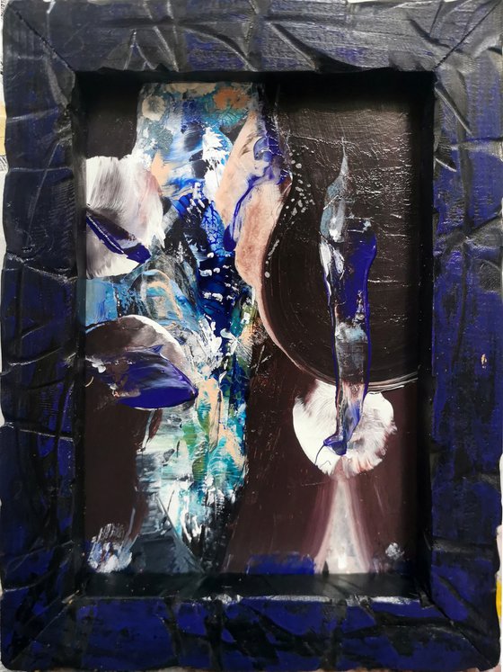 Framed small size abstract dark blue still life O Kloska