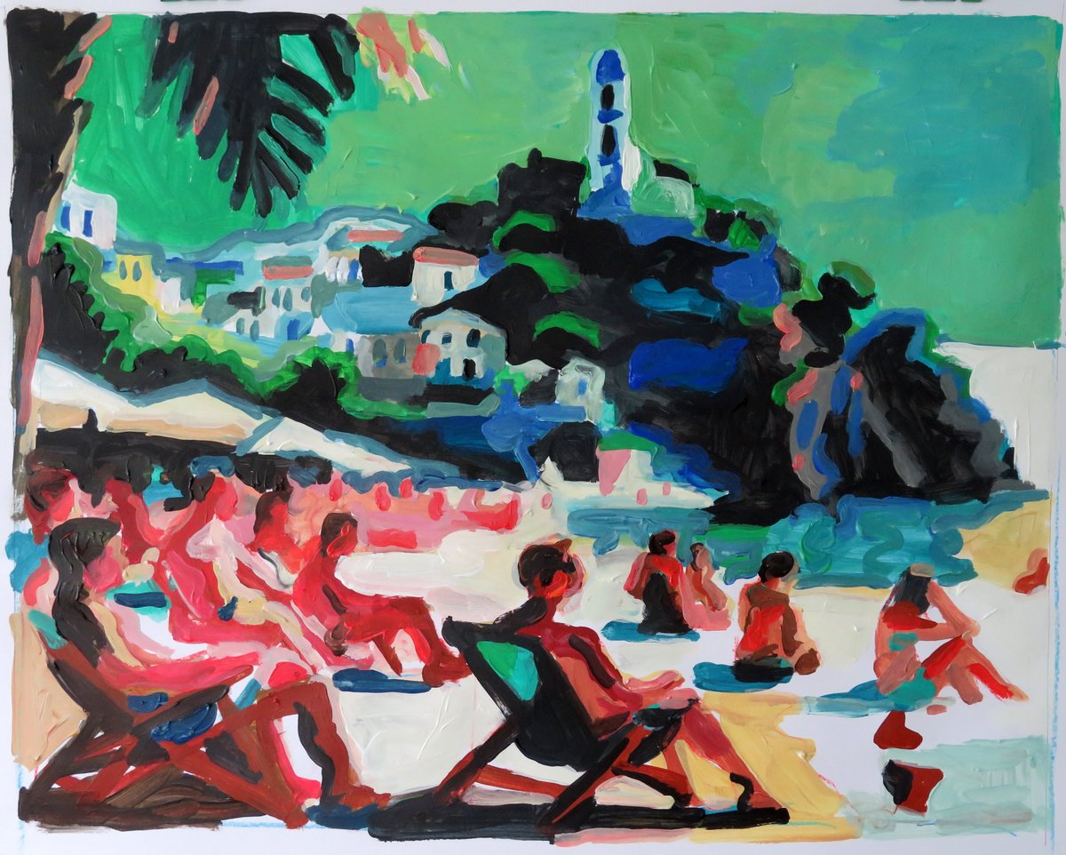 Impressionistic Landscape Acrylic Painting By Stephen Abela, 28 X 22", The Beach At Ischia, Original Artwork