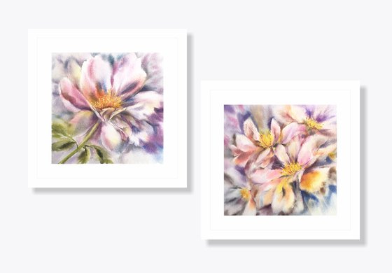 Peony flowers, watercolor painting set of 2