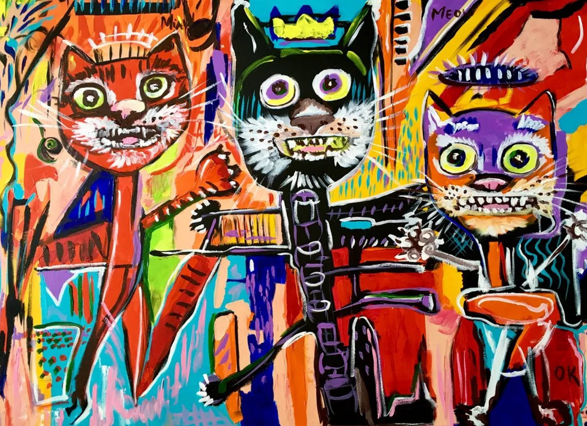Expressive Animal Acrylic Painting By Olga Koval, 44 X 32", Cats Bosom Friends, Original Artwork