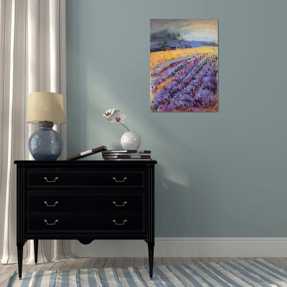 Lavender field. Abstract landscape with lavender field. Very peri painting