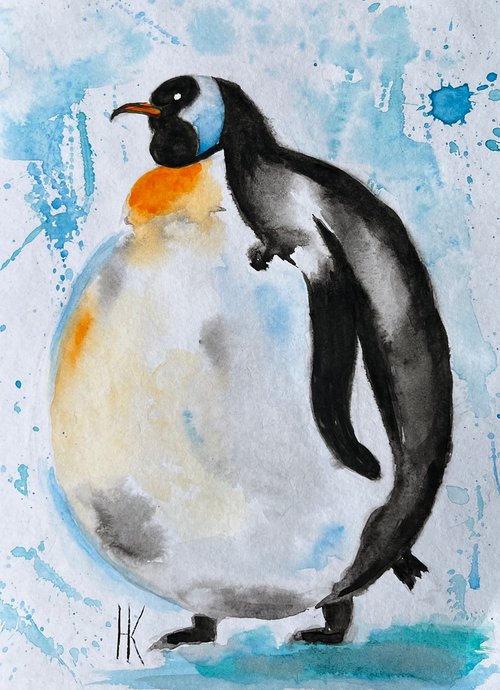 Penguin Original Watercolor Painting by Halyna Kirichenko