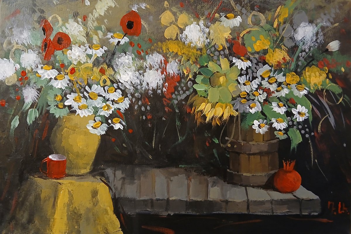 Impressionistic Still Life Acrylic Painting By Davit Arstamyan, 12 X 8, Field Arrangement, Original Artwork