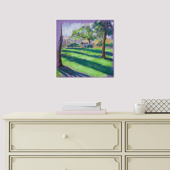 Evening light. Sunny urban natural impressionistic landscape. Medium size oil pastel impressionistic interior painting travel decor Spain Madrid