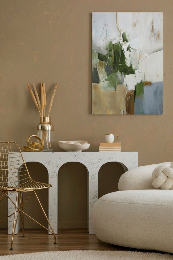 "Green Melody 4" Green beige abstract art