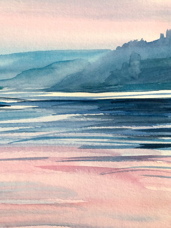 PINK SUNRISE ON WATER, Original Impressionist Vertical Landscape Watercolor Painting