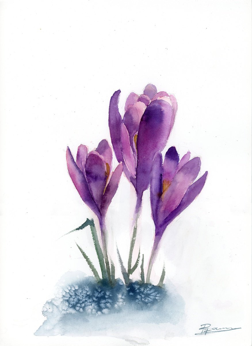 Expressive Botanical Watercolour By Olga Tchefranov (Shefranov), 10 X 14", Crocuses, Original Artwork