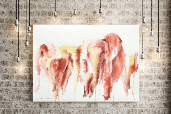 Elephant watercolour painting large "March with the Herd"