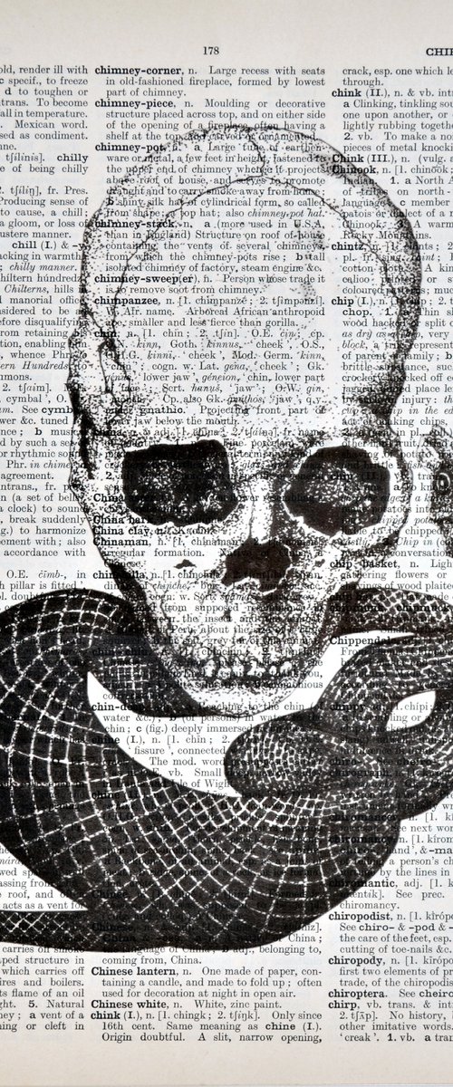 Skull and Snake - Collage Art on Large Real English Dictionary Vintage Book Page by Jakub DK - JAKUB D KRZEWNIAK