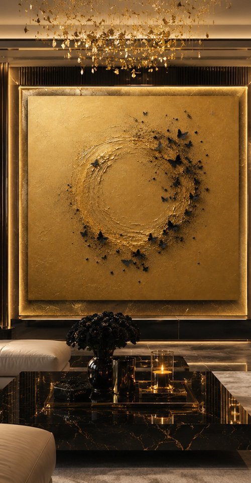 Black Butterflies in a Gold Circle by Indie Ru