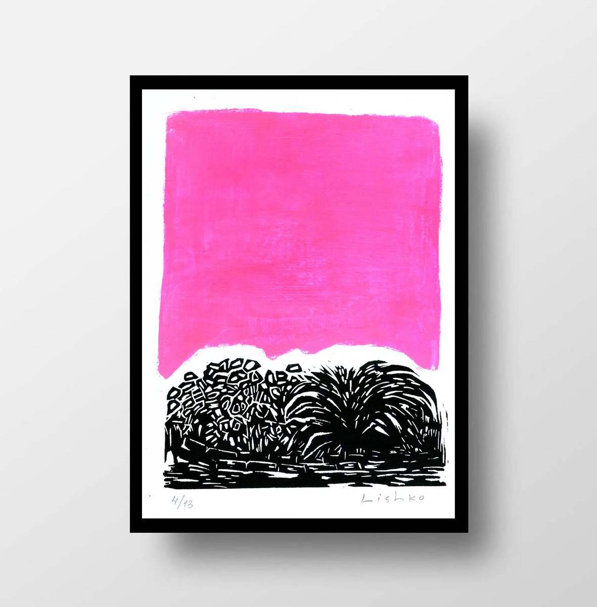 Expressive Landscape Linocut By V. Lishko, 6 X 8", Flowerbed, Original Artwork