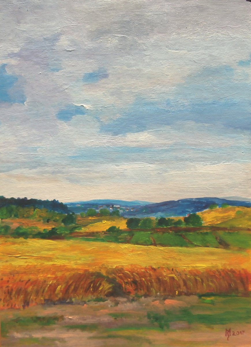 Impressionistic Landscape Acrylic Painting By Zoran Mihajlovic Muza, 11 X 15", Wheat Field, Original Artwork