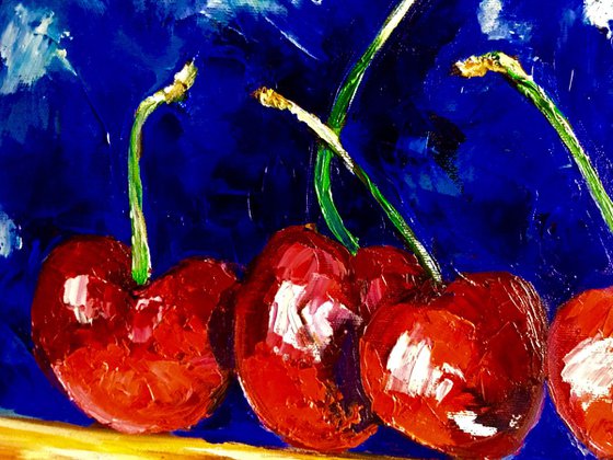 Cherries. Still life. Palette knife painting on linen canvas