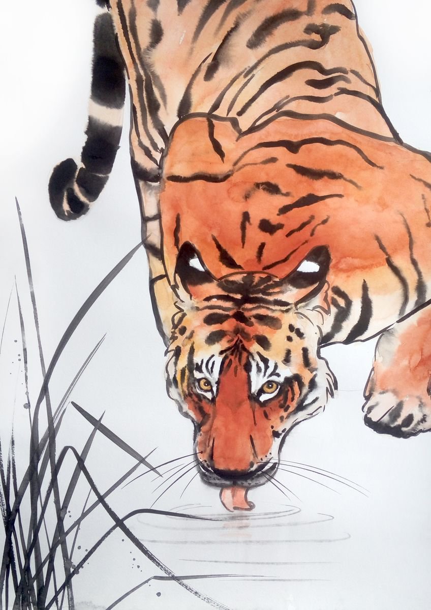 Tiger - 老虎 - chinese art style by Olga Beliaeva Watercolour