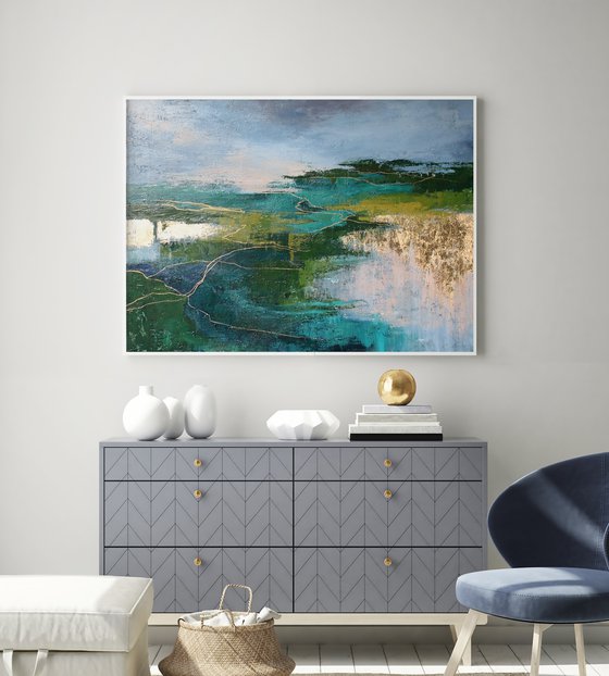 "North 2" Abstract nature green gold acrylic