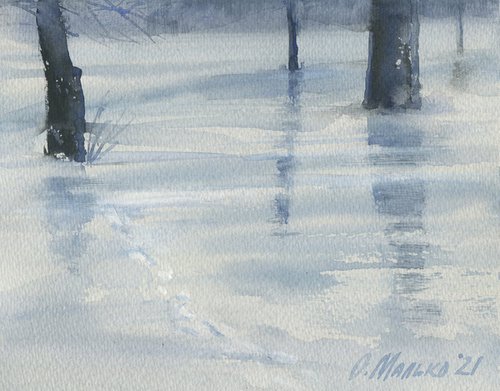 Snow and water. Winter surprise. Watercolor sketch 2 / Landscape painting. Original picture by Olha Malko